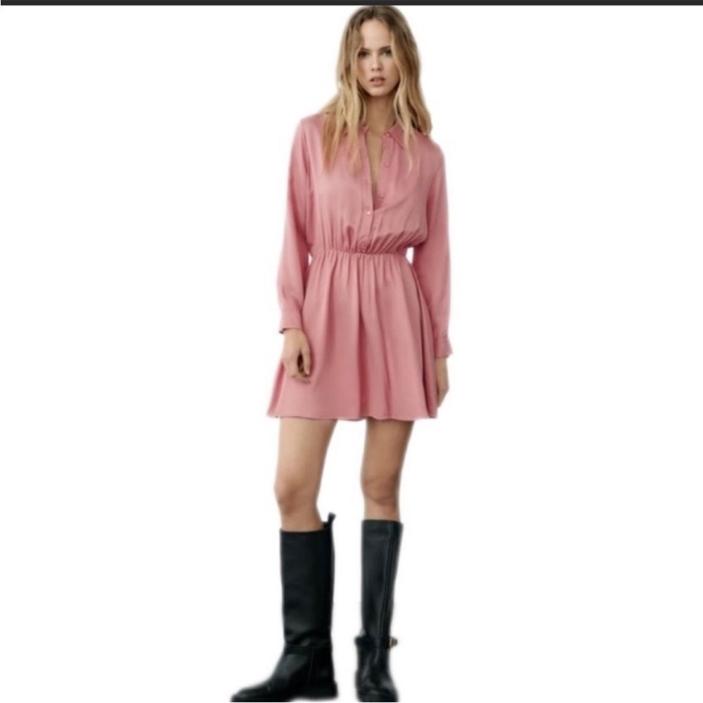 Zara Pink Satin Shirt Dress NWT Size Large | Chic Long Sleeve